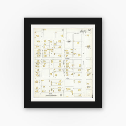 Old map wall art mockup — black gallery frame with white mat — Sanborn Fire Insurance Map from Gainesville, Cooke County, Texas (1908), Sheet #0030