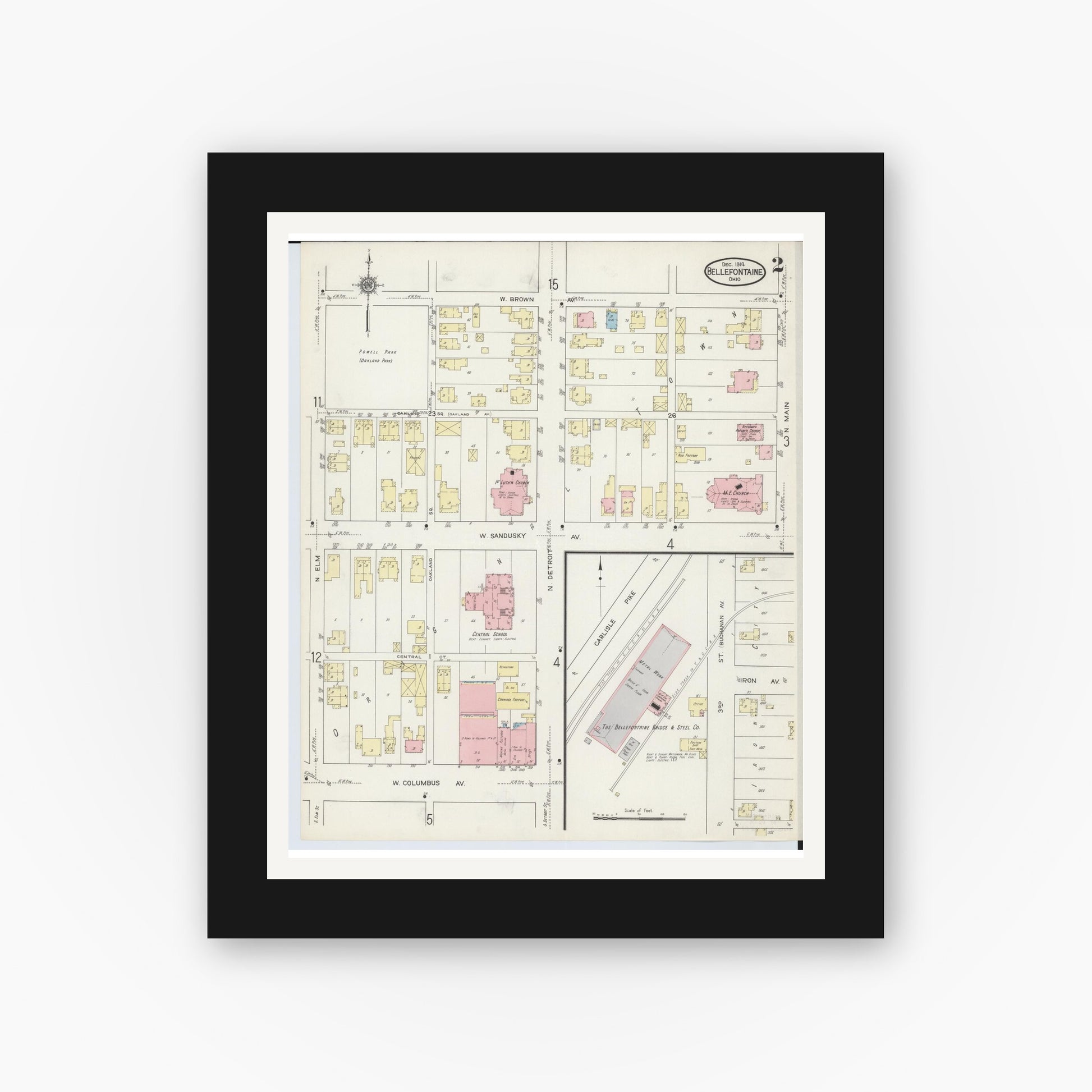 Old map wall art mockup — black gallery frame with white mat — Sanborn Fire Insurance Map from Bellefontaine, Logan County, Ohio (1914), Sheet #0002
