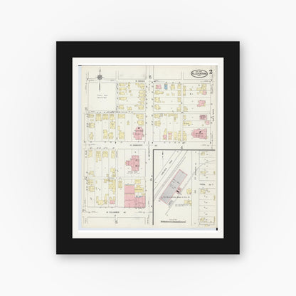 Old map wall art mockup — black gallery frame with white mat — Sanborn Fire Insurance Map from Bellefontaine, Logan County, Ohio (1914), Sheet #0002