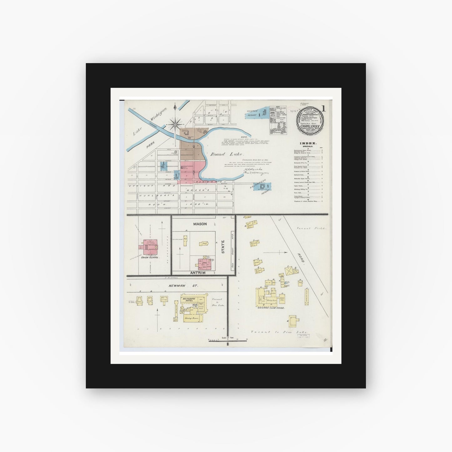 Old map wall art mockup — black gallery frame with white mat — Sanborn Fire Insurance Map from Charlevoix, Charlevoix County, Michigan (1890), Sheet #0001