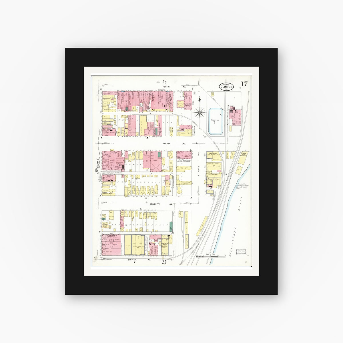 Old map wall art mockup — black gallery frame with white mat — Sanborn Fire Insurance Map from Clinton, Clinton County, Iowa (1909), Sheet #0017