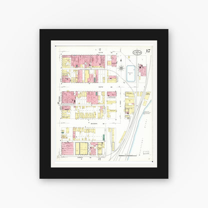 Old map wall art mockup — black gallery frame with white mat — Sanborn Fire Insurance Map from Clinton, Clinton County, Iowa (1909), Sheet #0017