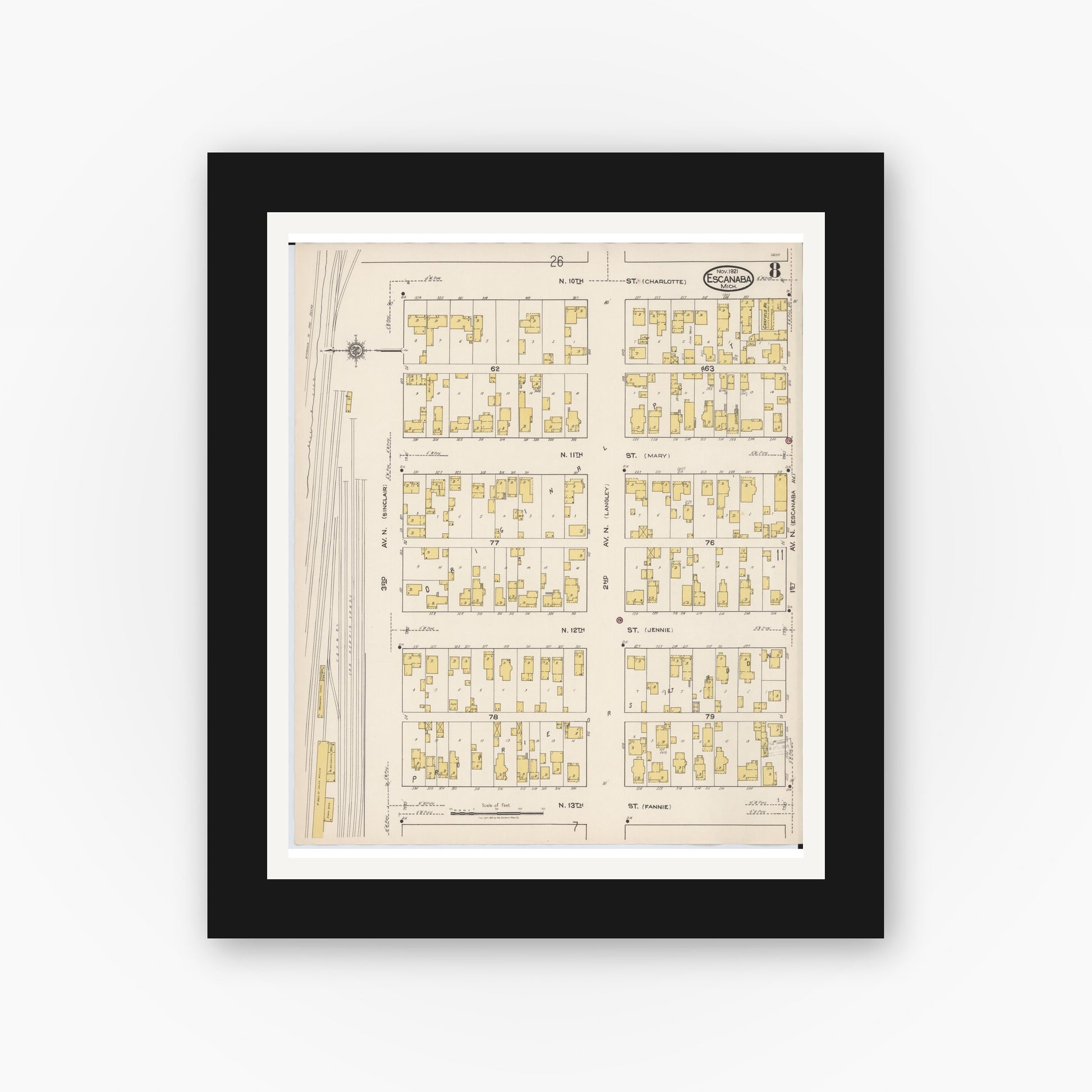 Old map wall art mockup — black gallery frame with white mat — Sanborn Fire Insurance Map from Escanaba, Delta County, Michigan (1921), Sheet #0008
