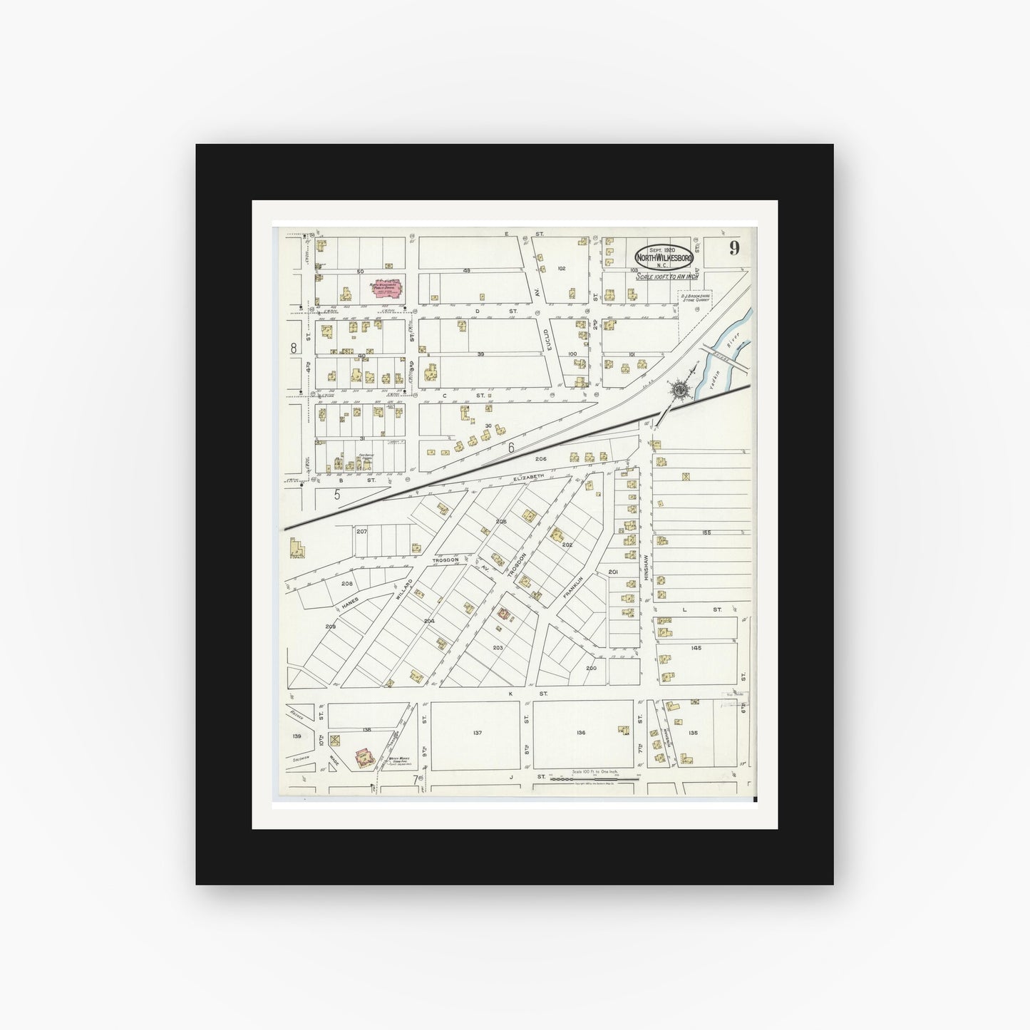 Old map wall art mockup — black gallery frame with white mat — Sanborn Fire Insurance Map from North Wilkesboro, Wilkes County, North Carolina (1920), Sheet #0009