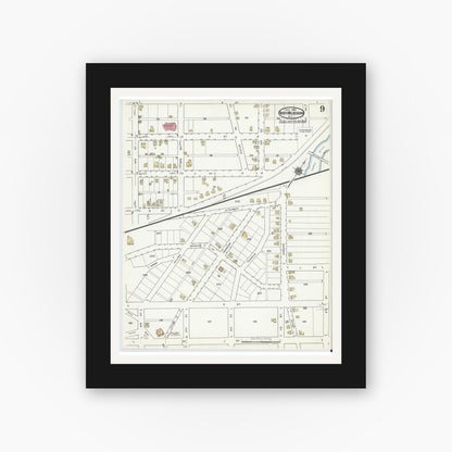 Old map wall art mockup — black gallery frame with white mat — Sanborn Fire Insurance Map from North Wilkesboro, Wilkes County, North Carolina (1920), Sheet #0009