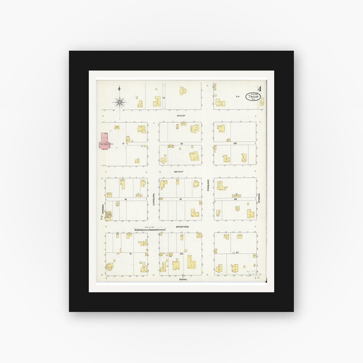 Old map wall art mockup — black gallery frame with white mat — Sanborn Fire Insurance Map from Troup, Smith County, Texas (1909), Sheet #0004