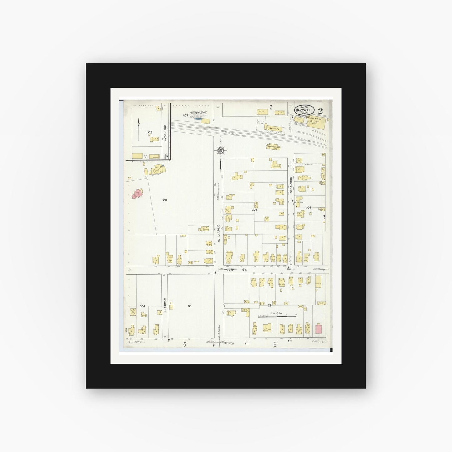 Old map wall art mockup — black gallery frame with white mat — Sanborn Fire Insurance Map from Marysville, Union County, Ohio (1916), Sheet #0002