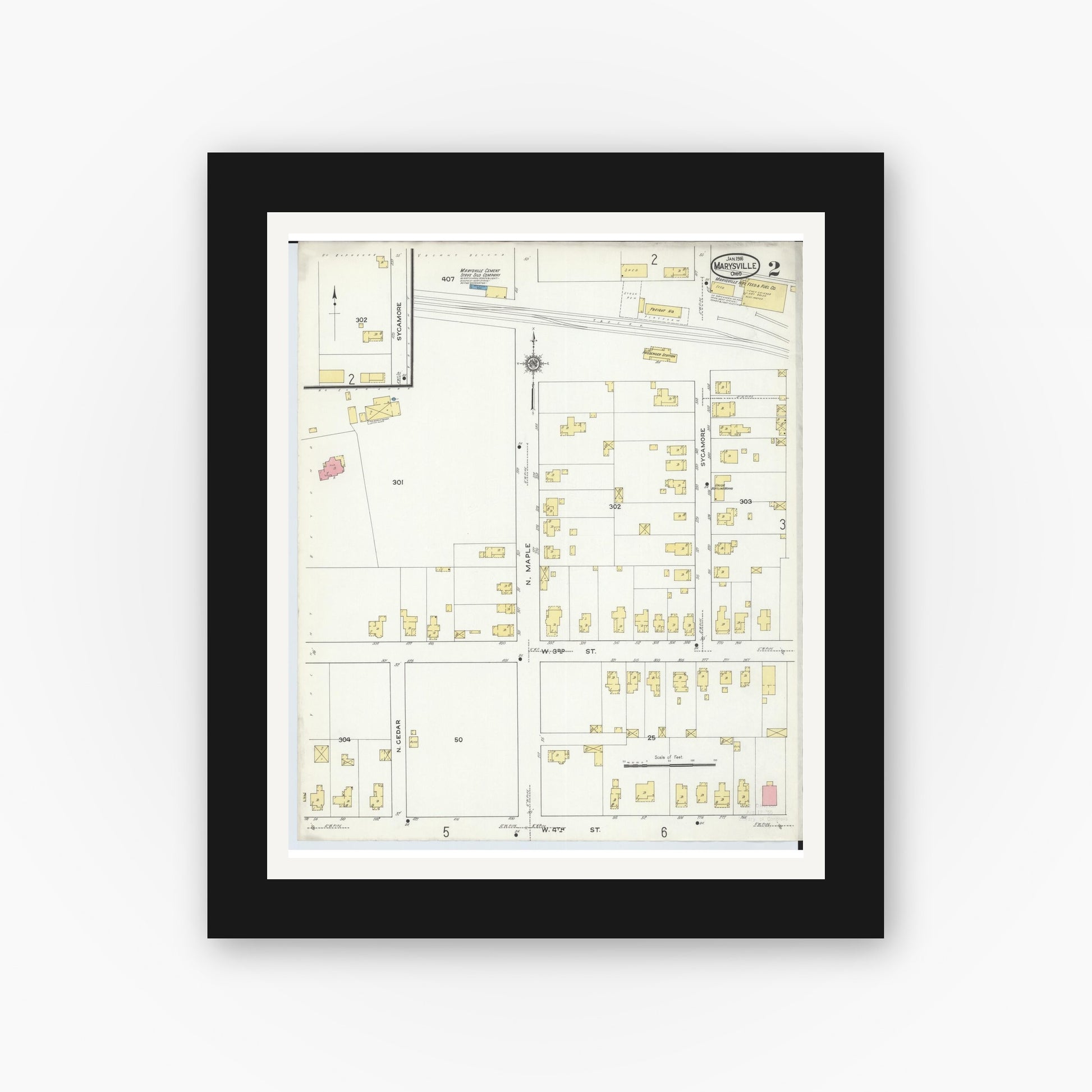 Old map wall art mockup — black gallery frame with white mat — Sanborn Fire Insurance Map from Marysville, Union County, Ohio (1916), Sheet #0002