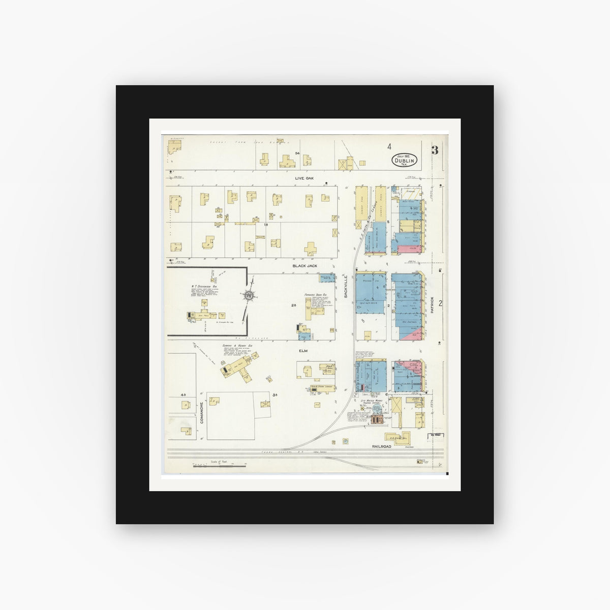 Old map wall art mockup — black gallery frame with white mat — Sanborn Fire Insurance Map from Dublin, Erath County, Texas (1912), Sheet #0003