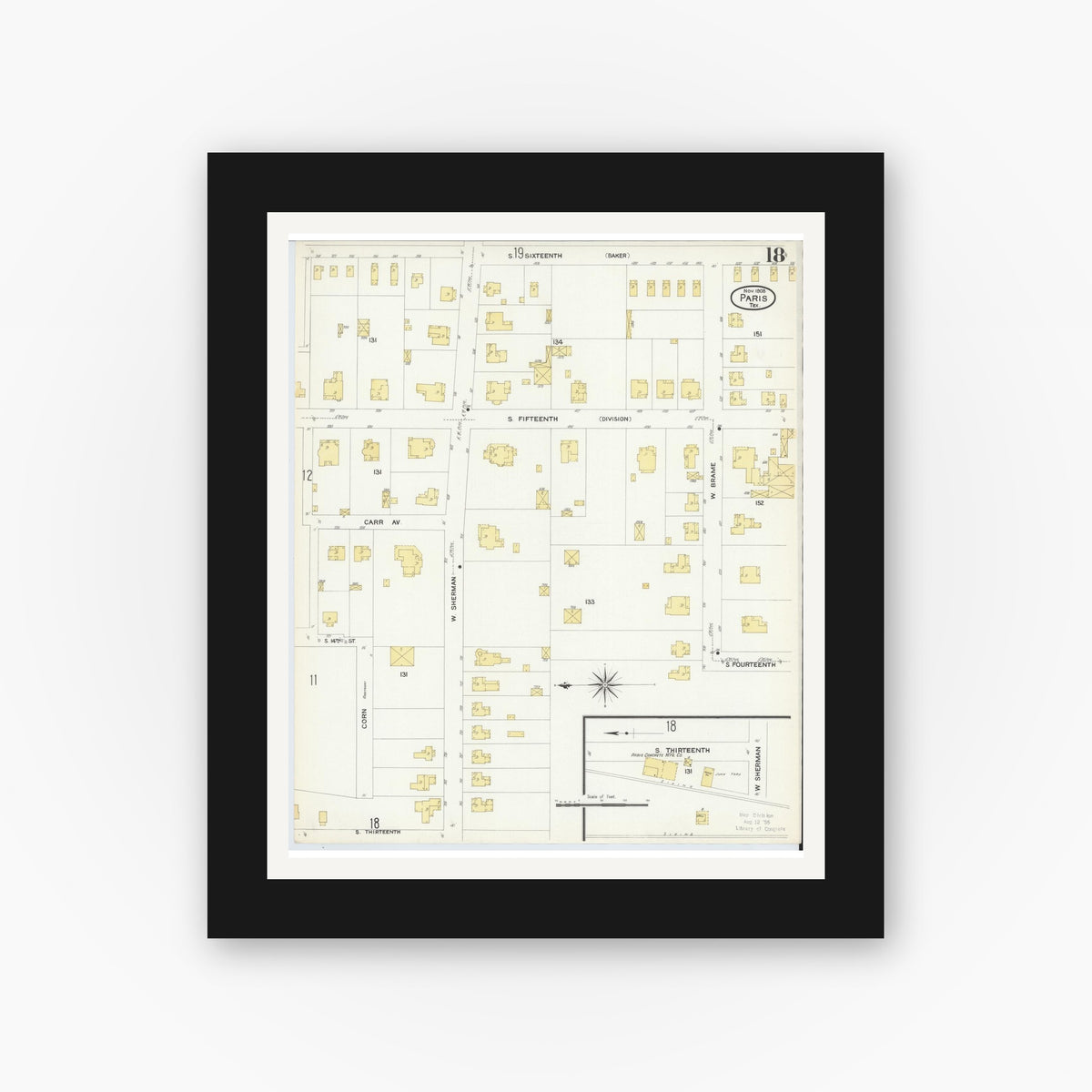 Old map wall art mockup — black gallery frame with white mat — Sanborn Fire Insurance Map from Paris, Lamar County, Texas (1908), Sheet #0018