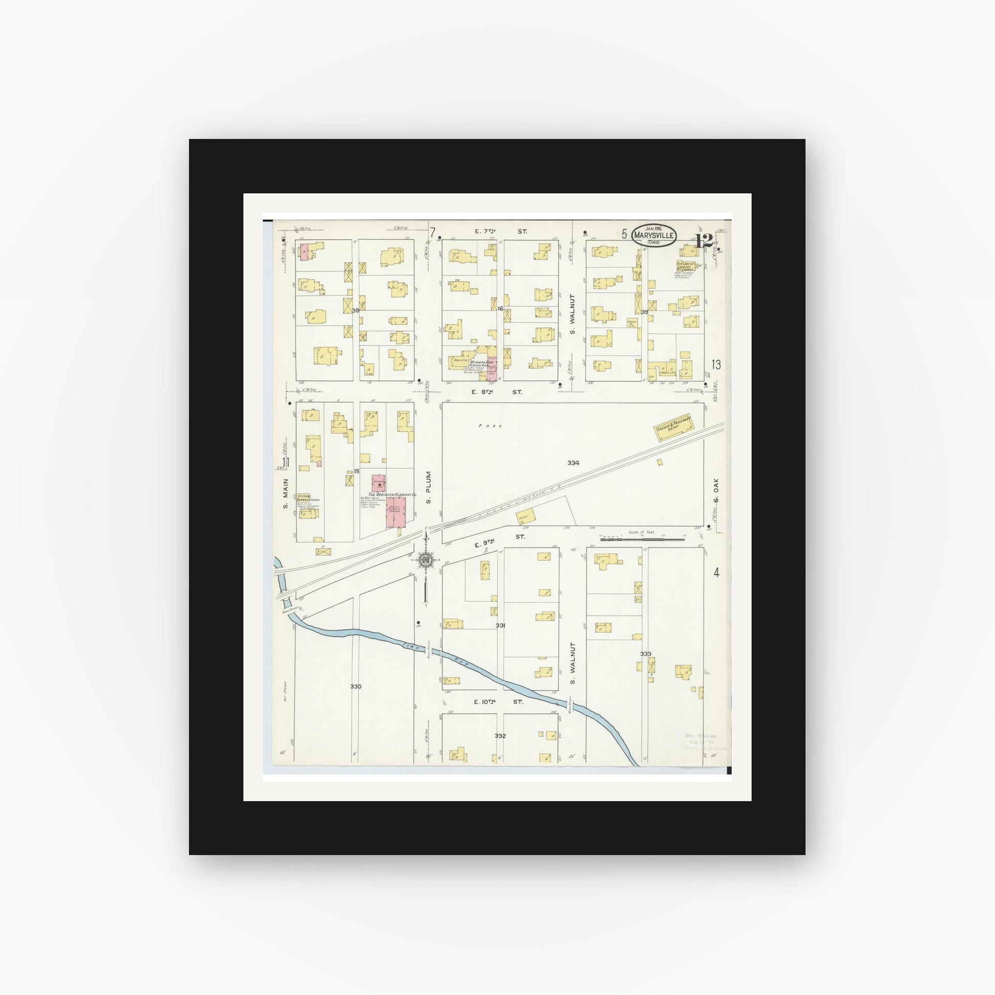 Old map wall art mockup — black gallery frame with white mat — Sanborn Fire Insurance Map from Marysville, Union County, Ohio (1916), Sheet #0012