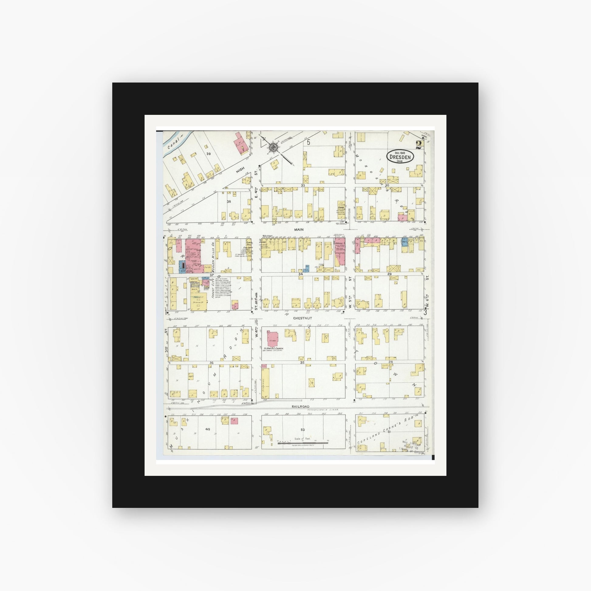 Old map wall art mockup — black gallery frame with white mat — Sanborn Fire Insurance Map from Dresden, Muskingum County, Ohio (1918), Sheet #0002