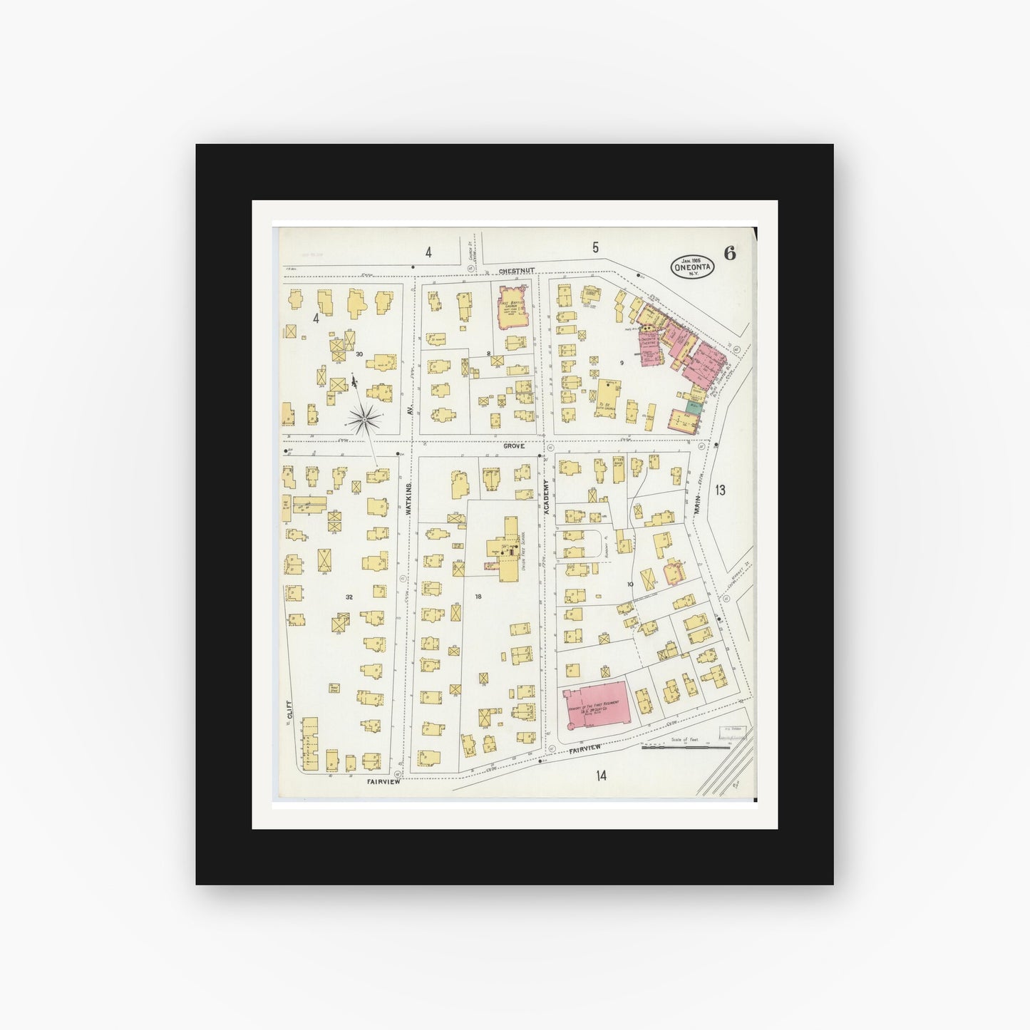 Old map wall art mockup — black gallery frame with white mat — Sanborn Fire Insurance Map from Oneonta, Otsego County, New York (1905), Sheet #0006