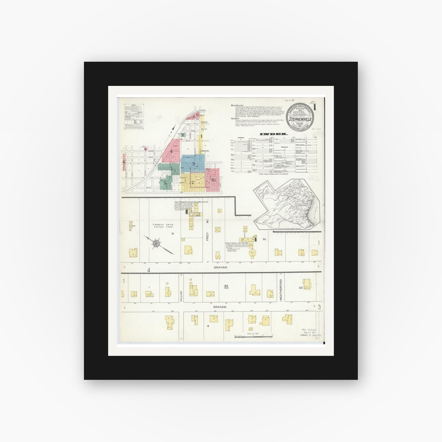 Old map wall art mockup — black gallery frame with white mat — Sanborn Fire Insurance Map from Stephenville, Erath County, Texas (1912) - Complete Map Set