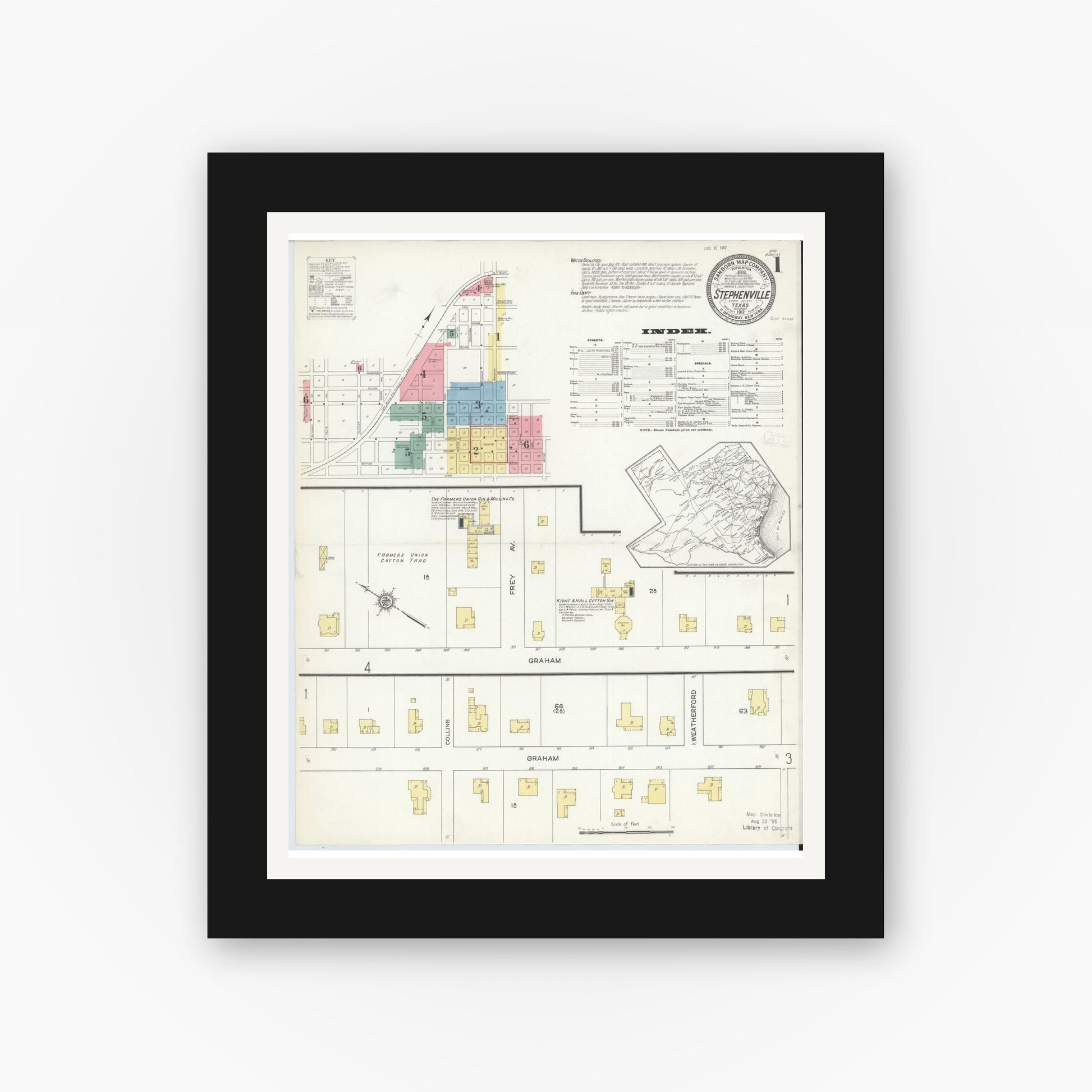 Old map wall art mockup — black gallery frame with white mat — Sanborn Fire Insurance Map from Stephenville, Erath County, Texas (1912) - Complete Map Set