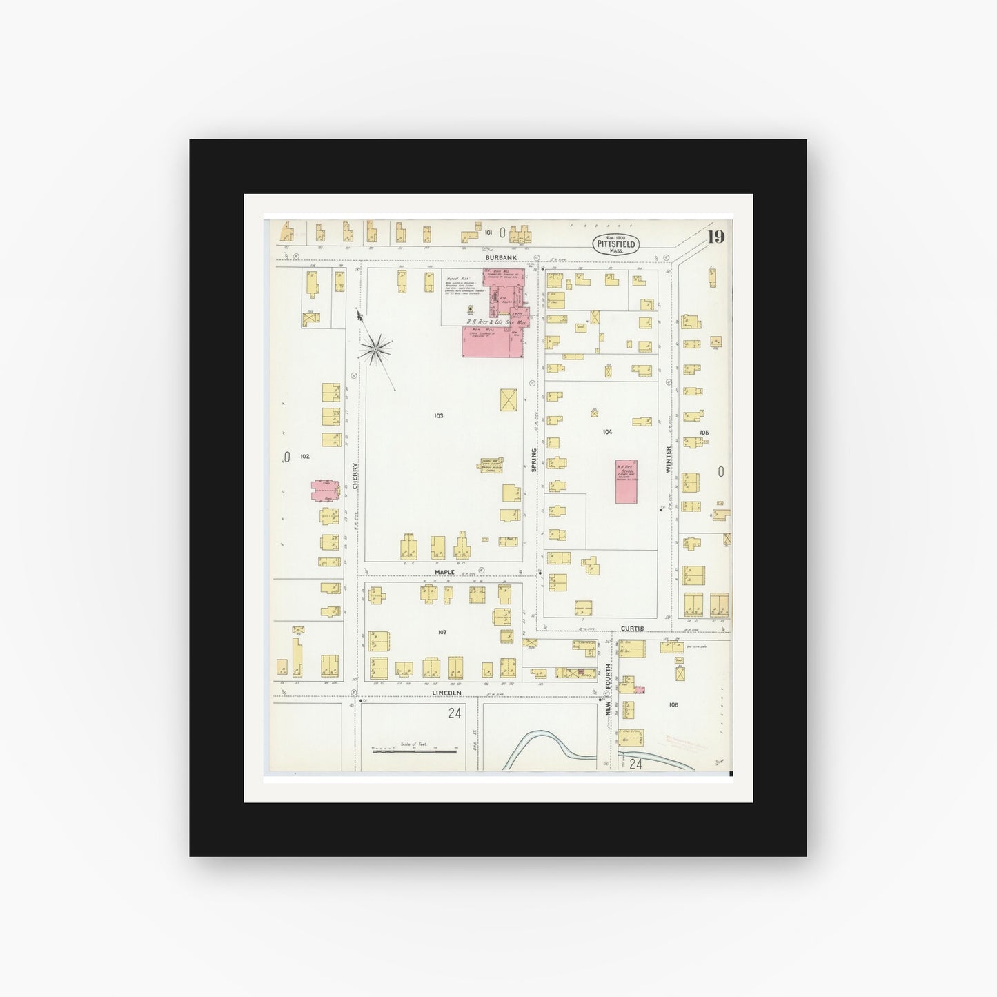 Old map wall art mockup — black gallery frame with white mat — Sanborn Fire Insurance Map from Pittsfield, Berkshire County, Massachusetts (1900), Sheet #0019