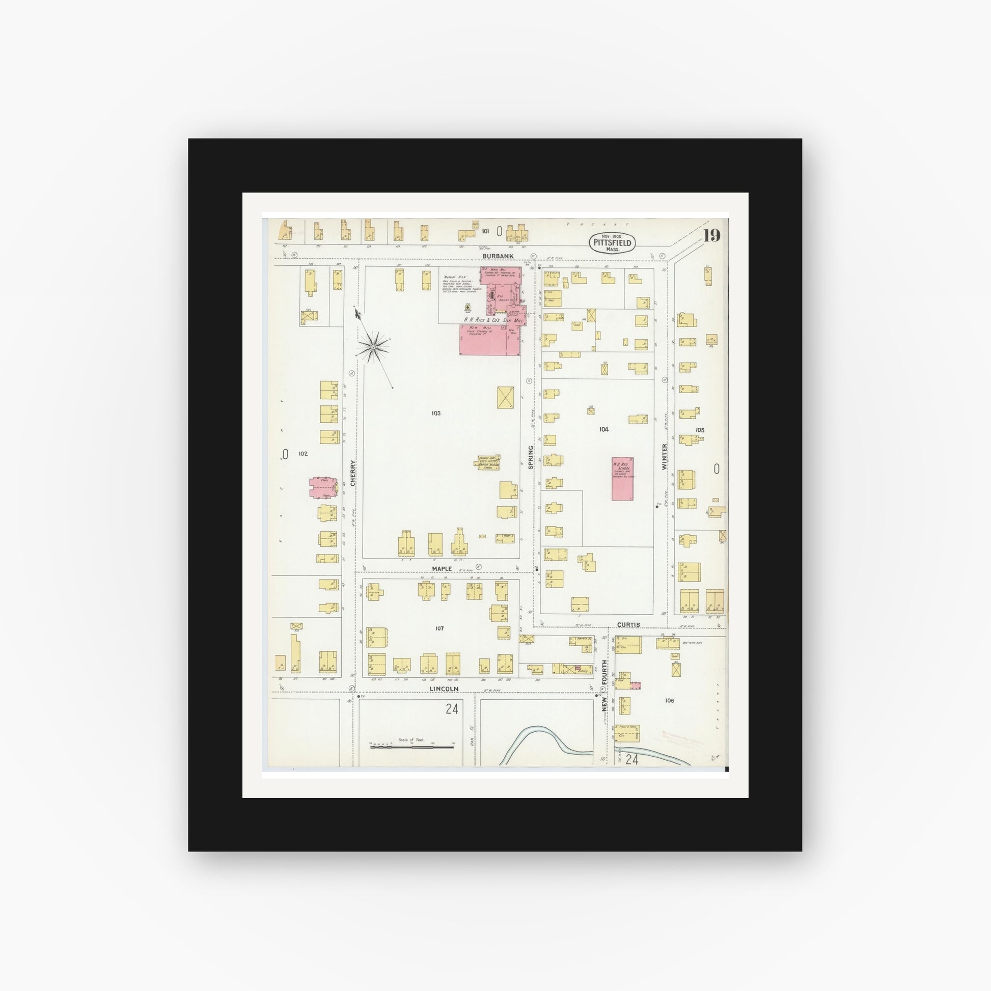 Old map wall art mockup — black gallery frame with white mat — Sanborn Fire Insurance Map from Pittsfield, Berkshire County, Massachusetts (1900), Sheet #0019