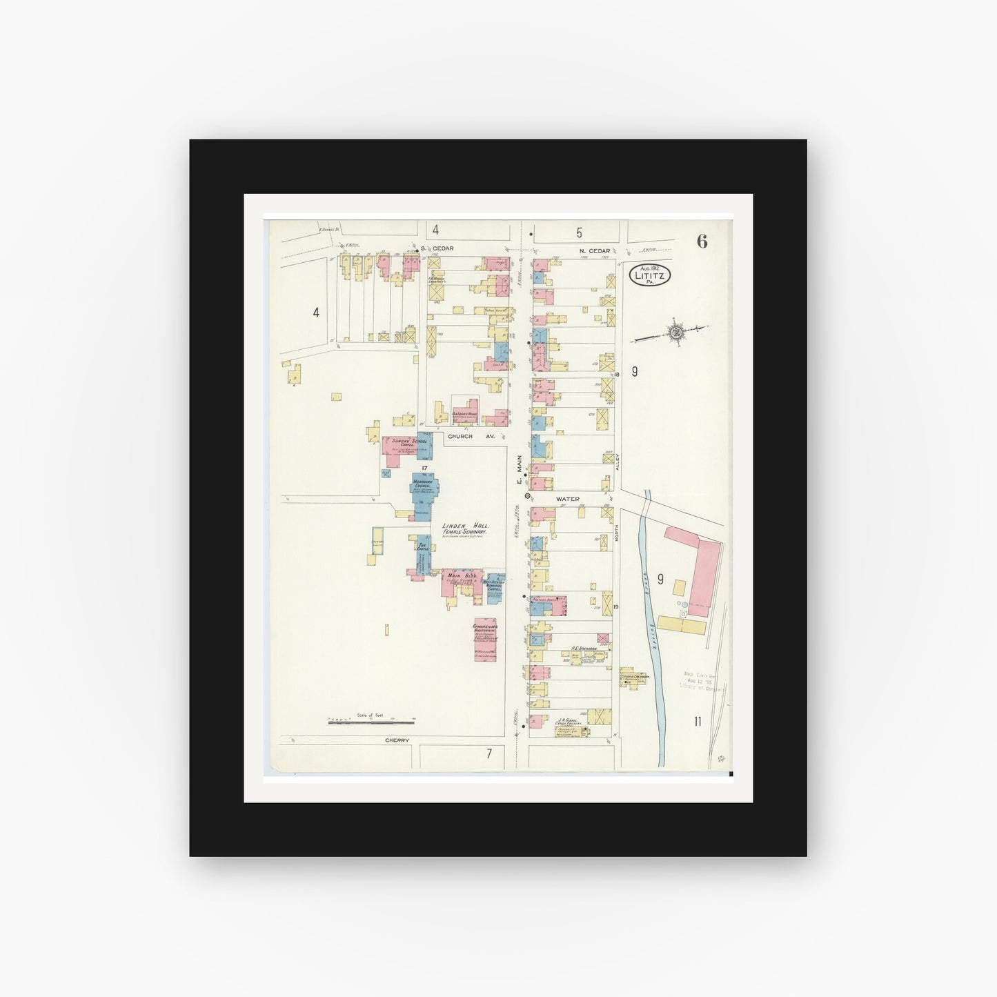 Old map wall art mockup — black gallery frame with white mat — Sanborn Fire Insurance Map from Lititz, Lancaster County, Pennsylvania (1912), Sheet #0006