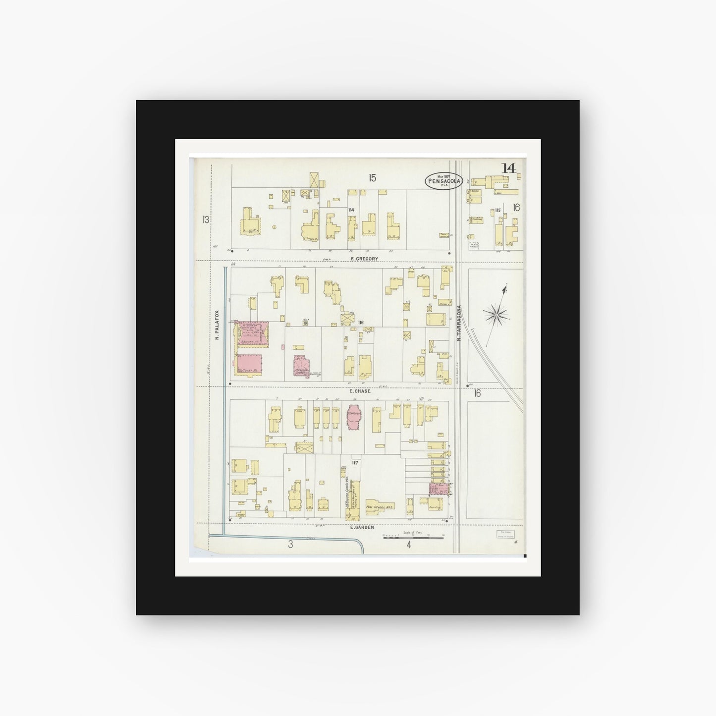 Old map wall art mockup — black gallery frame with white mat — Sanborn Fire Insurance Map from Pensacola, Escambia County, Florida (1897), Sheet #0014