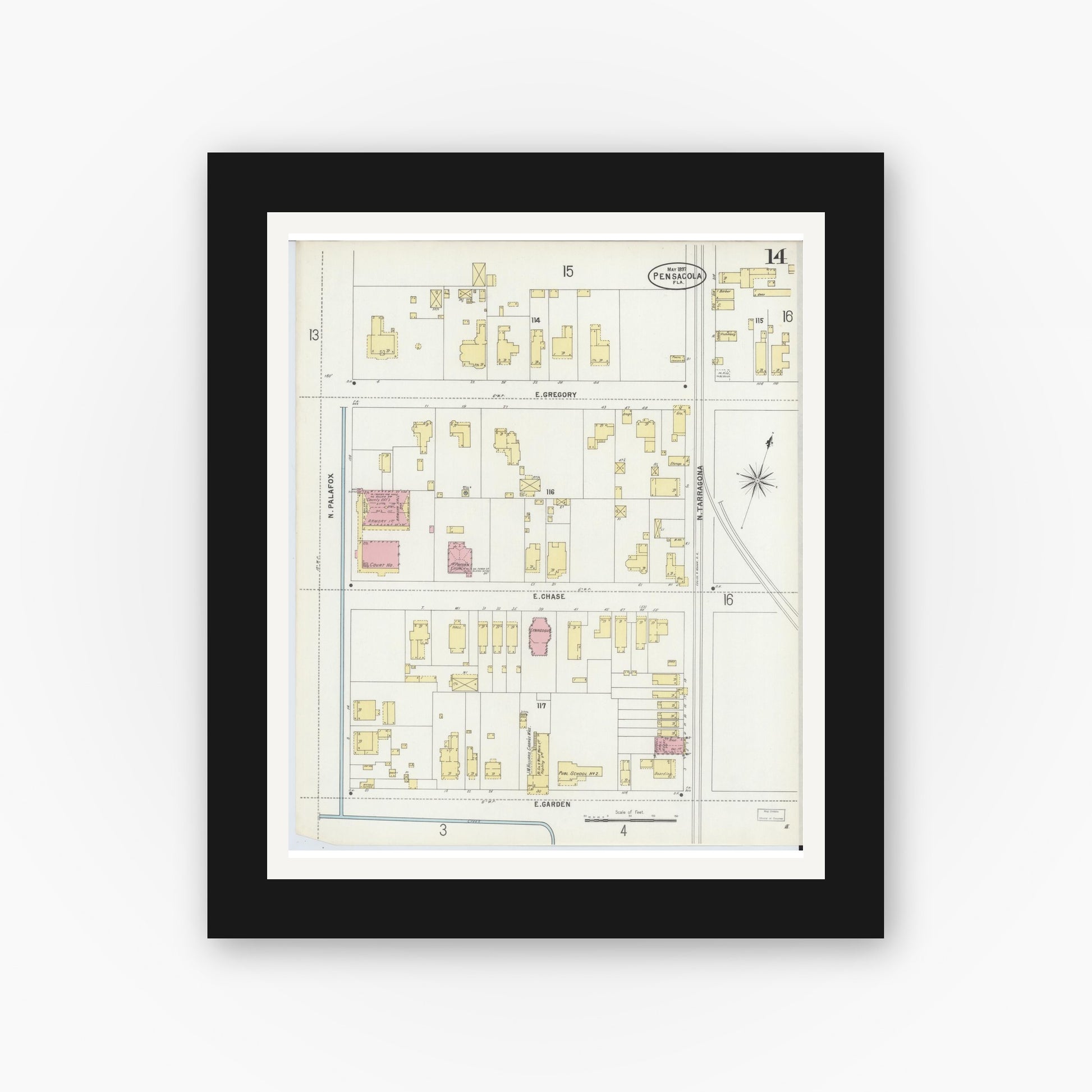 Old map wall art mockup — black gallery frame with white mat — Sanborn Fire Insurance Map from Pensacola, Escambia County, Florida (1897), Sheet #0014