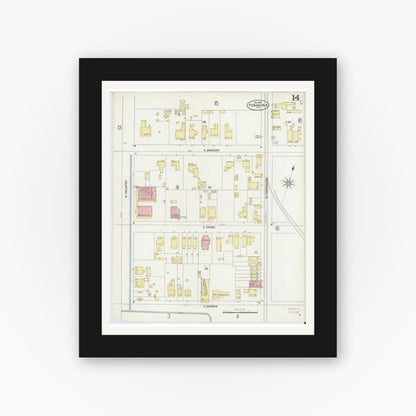 Old map wall art mockup — black gallery frame with white mat — Sanborn Fire Insurance Map from Pensacola, Escambia County, Florida (1897), Sheet #0014