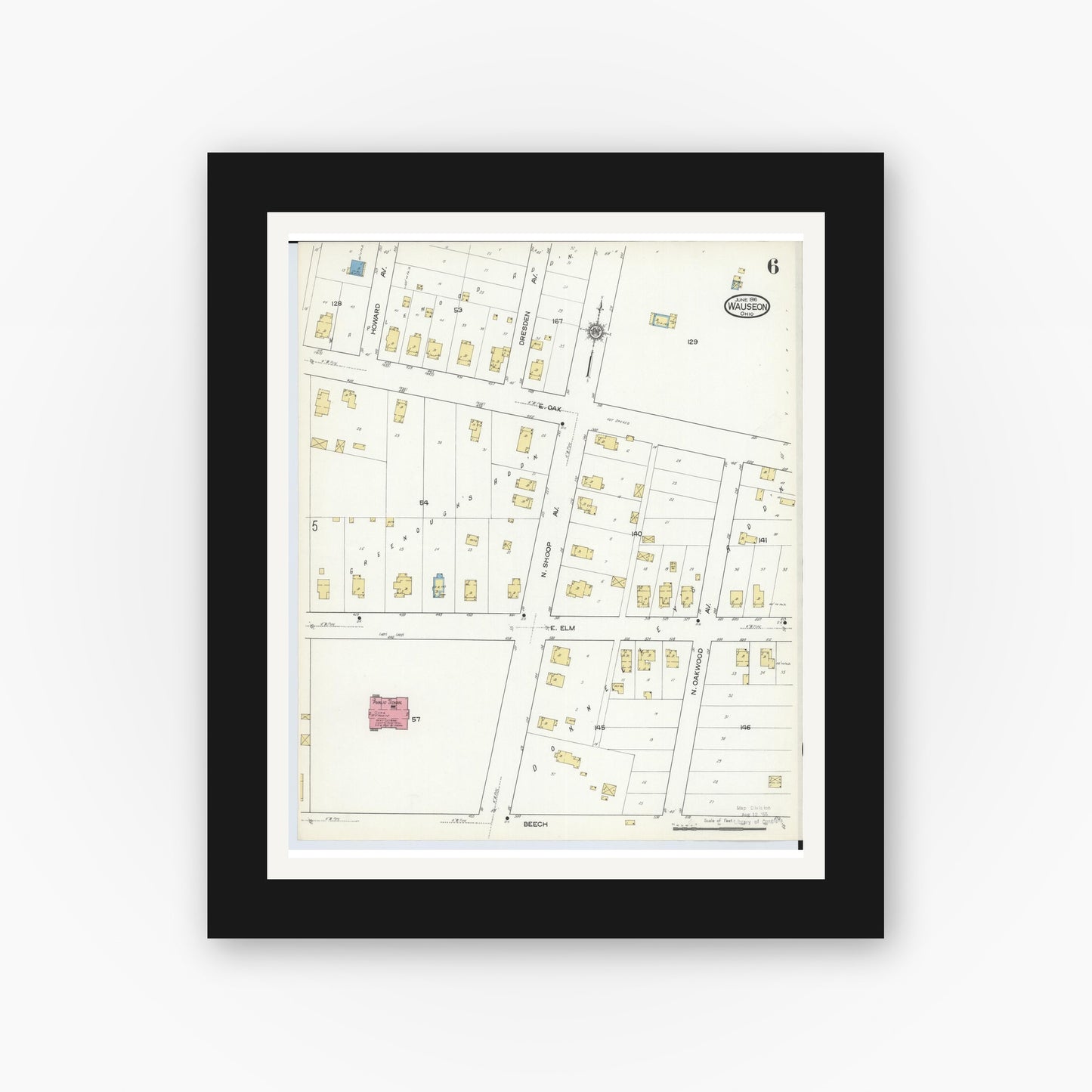Old map wall art mockup — black gallery frame with white mat — Sanborn Fire Insurance Map from Wauseon, Fulton County, Ohio (1916), Sheet #0006