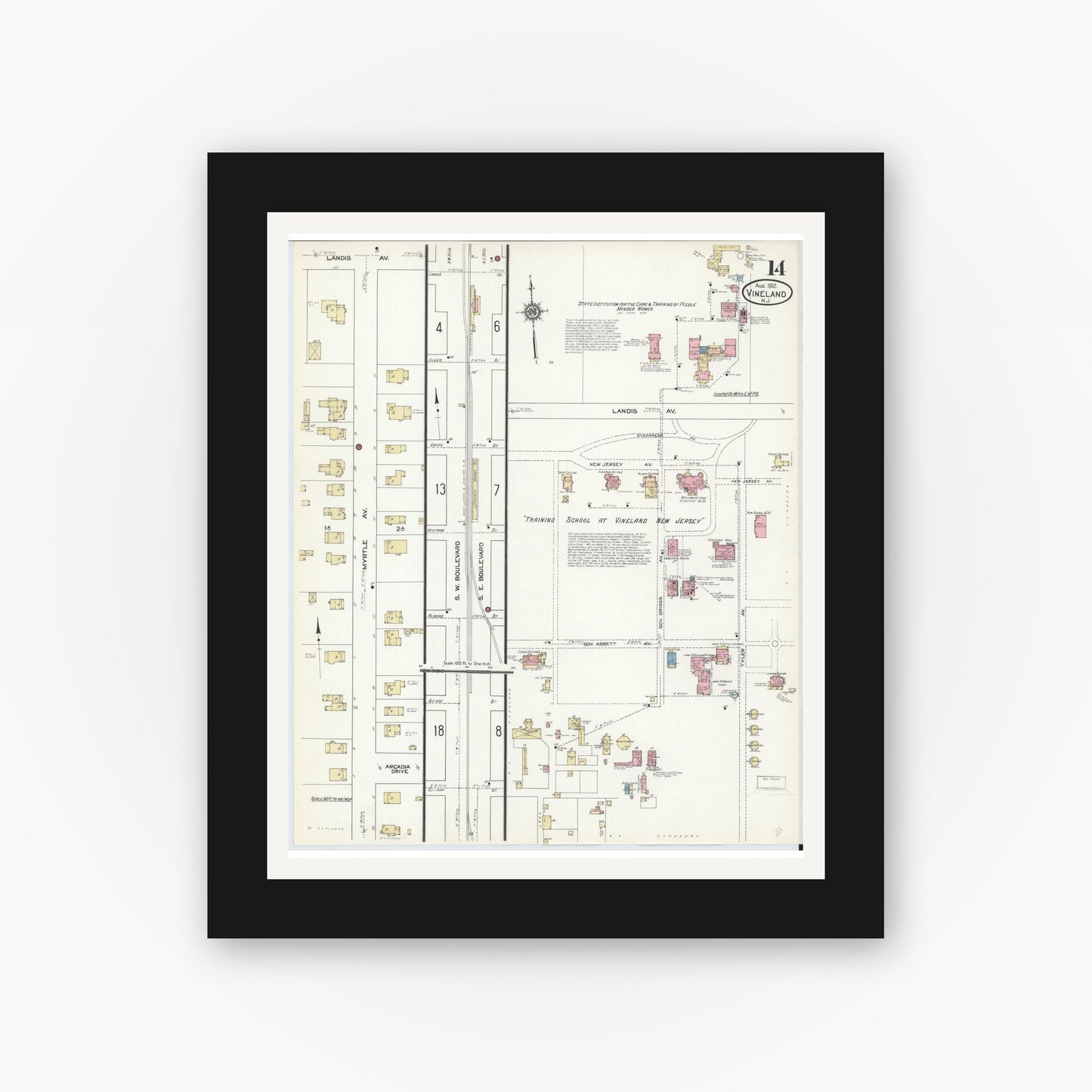 Old map wall art mockup — black gallery frame with white mat — Sanborn Fire Insurance Map from Vineland, Cumberland County, New Jersey (1912), Sheet #0014