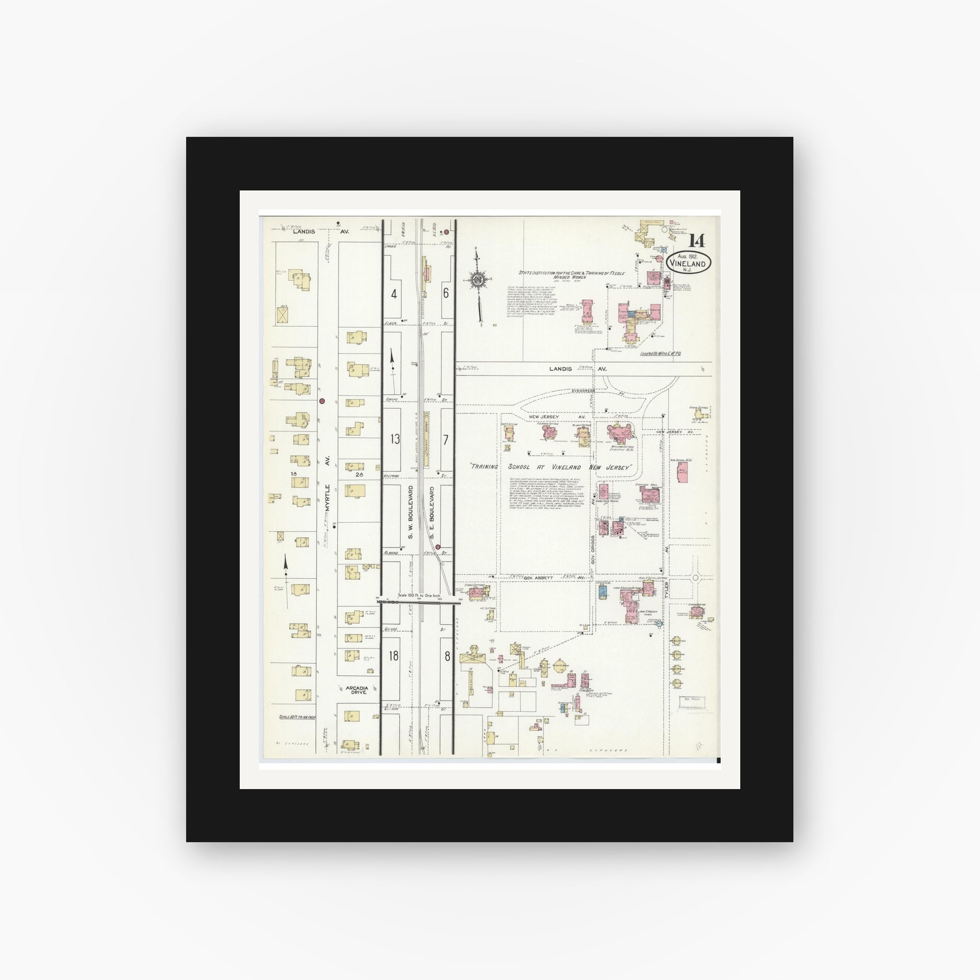 Old map wall art mockup — black gallery frame with white mat — Sanborn Fire Insurance Map from Vineland, Cumberland County, New Jersey (1912), Sheet #0014