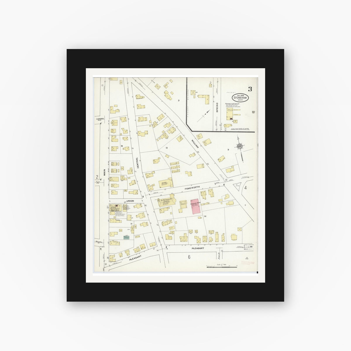 Old map wall art mockup — black gallery frame with white mat — Sanborn Fire Insurance Map from Stoneham, Middlesex County, Massachusetts (1909), Sheet #0003