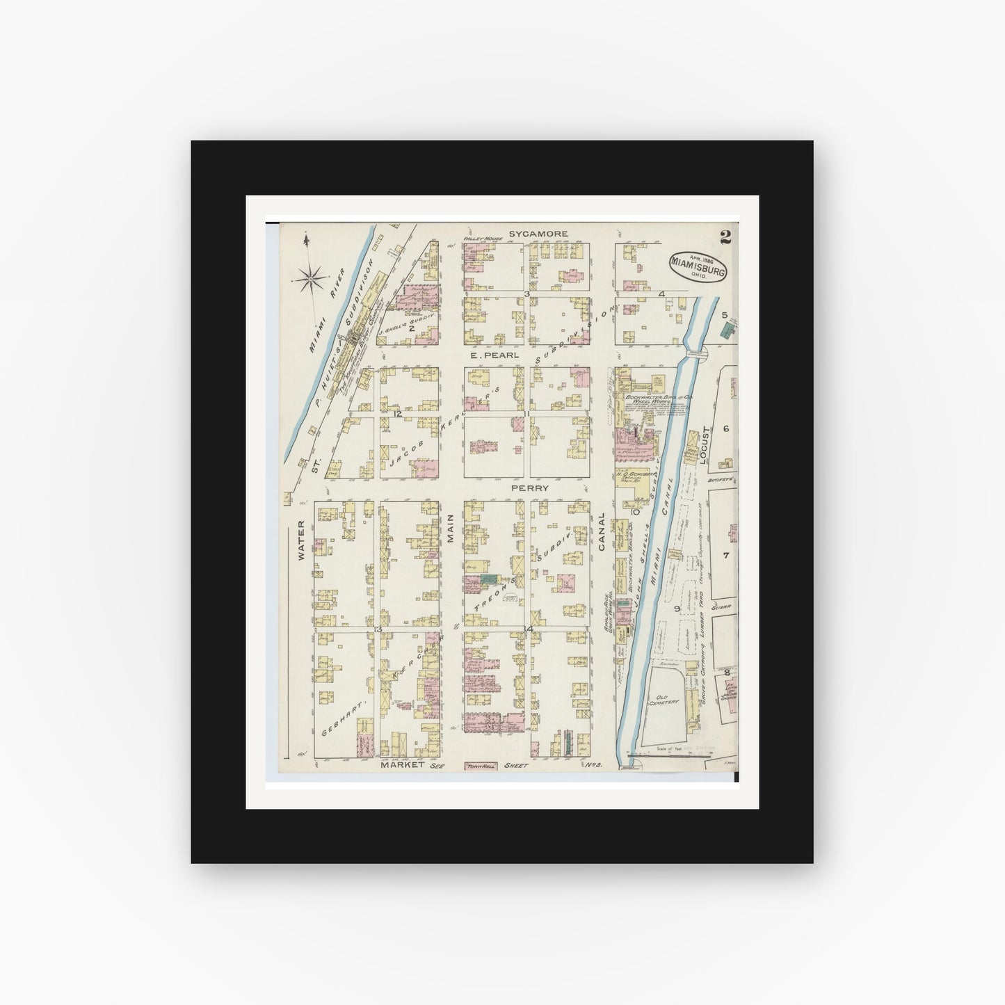 Old map wall art mockup — black gallery frame with white mat — Sanborn Fire Insurance Map from Miamisburg, Montgomery County, Ohio (1886), Sheet #0002