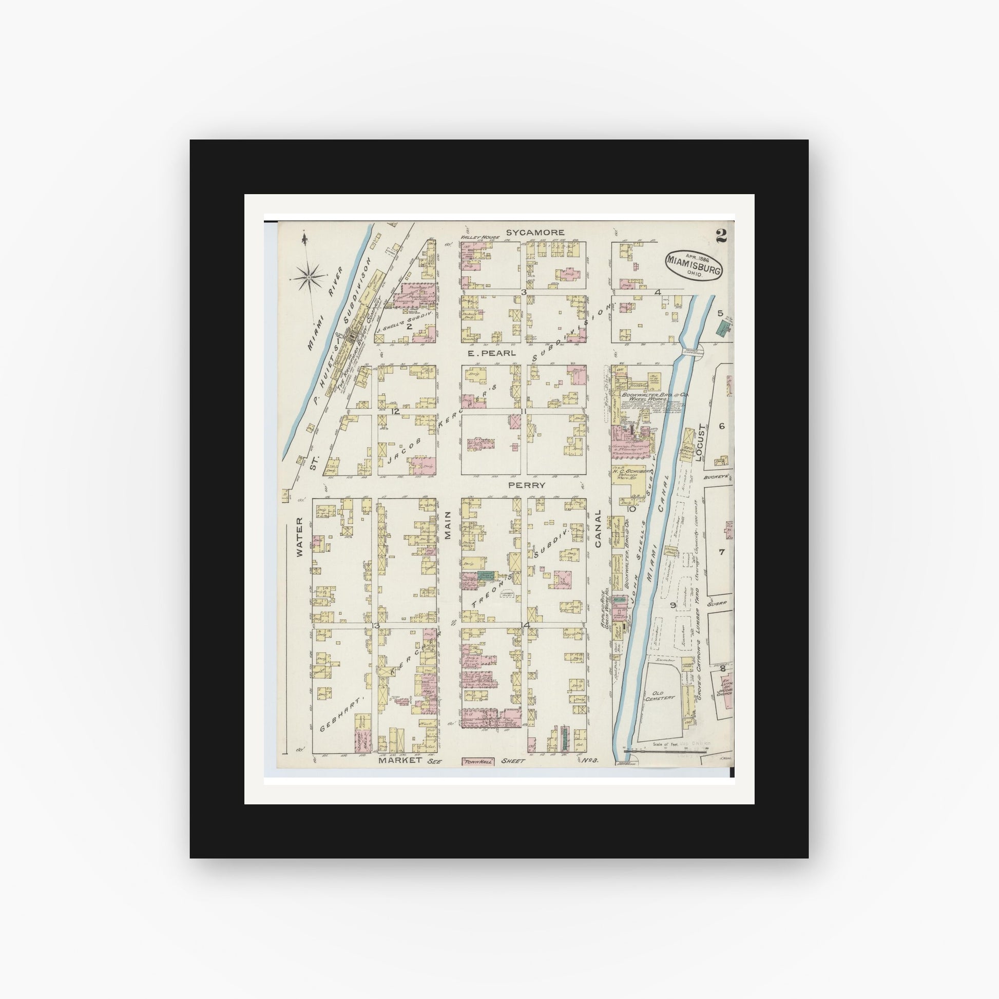 Old map wall art mockup — black gallery frame with white mat — Sanborn Fire Insurance Map from Miamisburg, Montgomery County, Ohio (1886), Sheet #0002