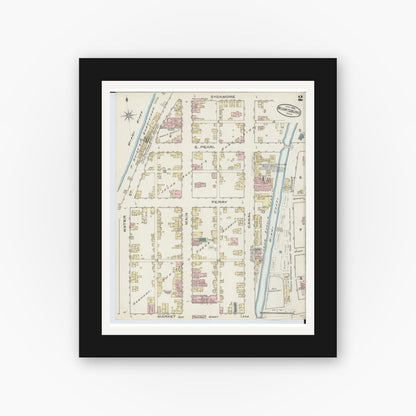 Old map wall art mockup — black gallery frame with white mat — Sanborn Fire Insurance Map from Miamisburg, Montgomery County, Ohio (1886), Sheet #0002
