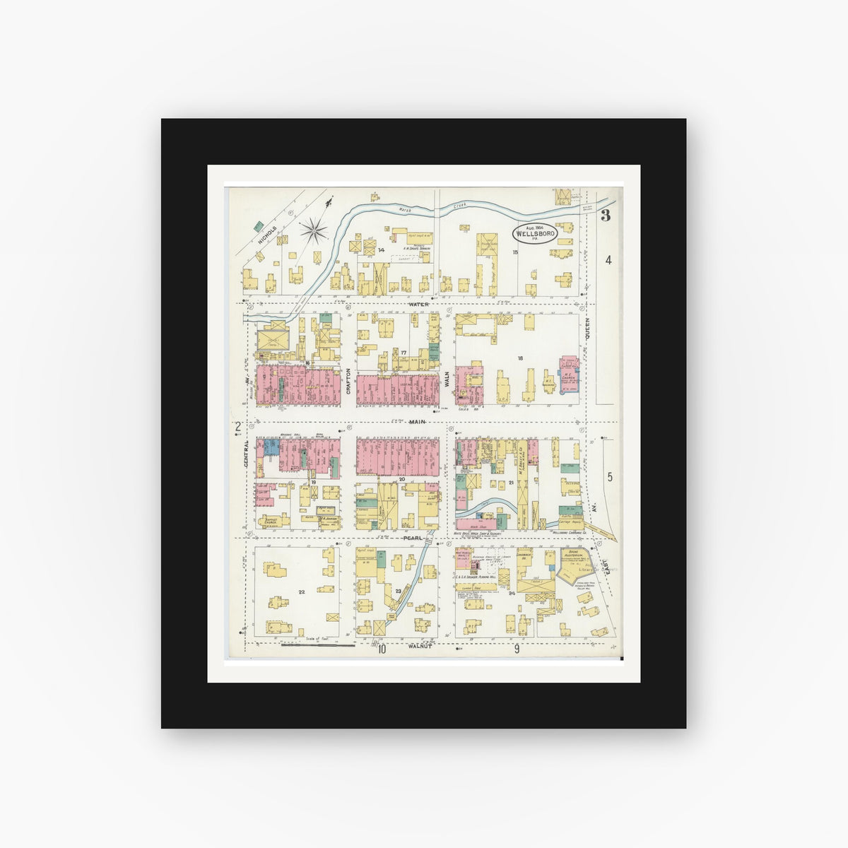 Old map wall art mockup — black gallery frame with white mat — Sanborn Fire Insurance Map from Wellsboro, Tioga County, Pennsylvania (1904), Sheet #0003