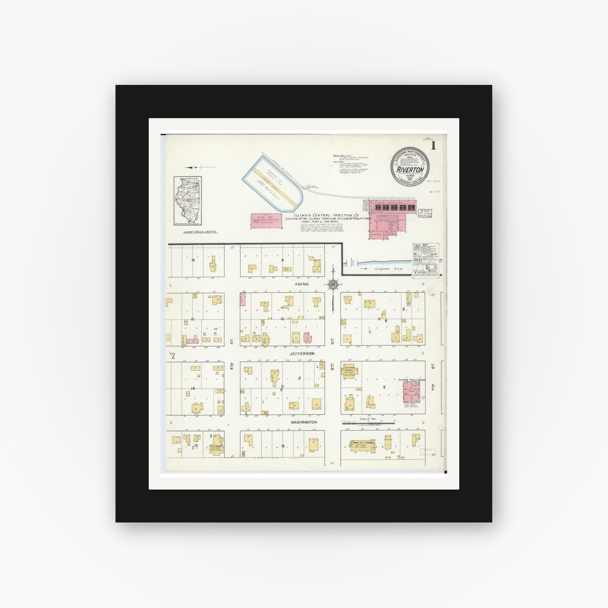 Old map wall art mockup — black gallery frame with white mat — Sanborn Fire Insurance Map from Riverton, Sangamon County, Illinois (1917), Sheet #0001