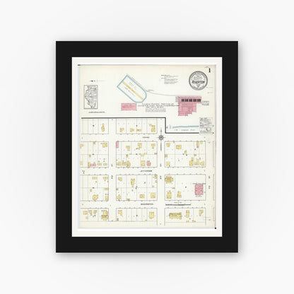 Old map wall art mockup — black gallery frame with white mat — Sanborn Fire Insurance Map from Riverton, Sangamon County, Illinois (1917), Sheet #0001