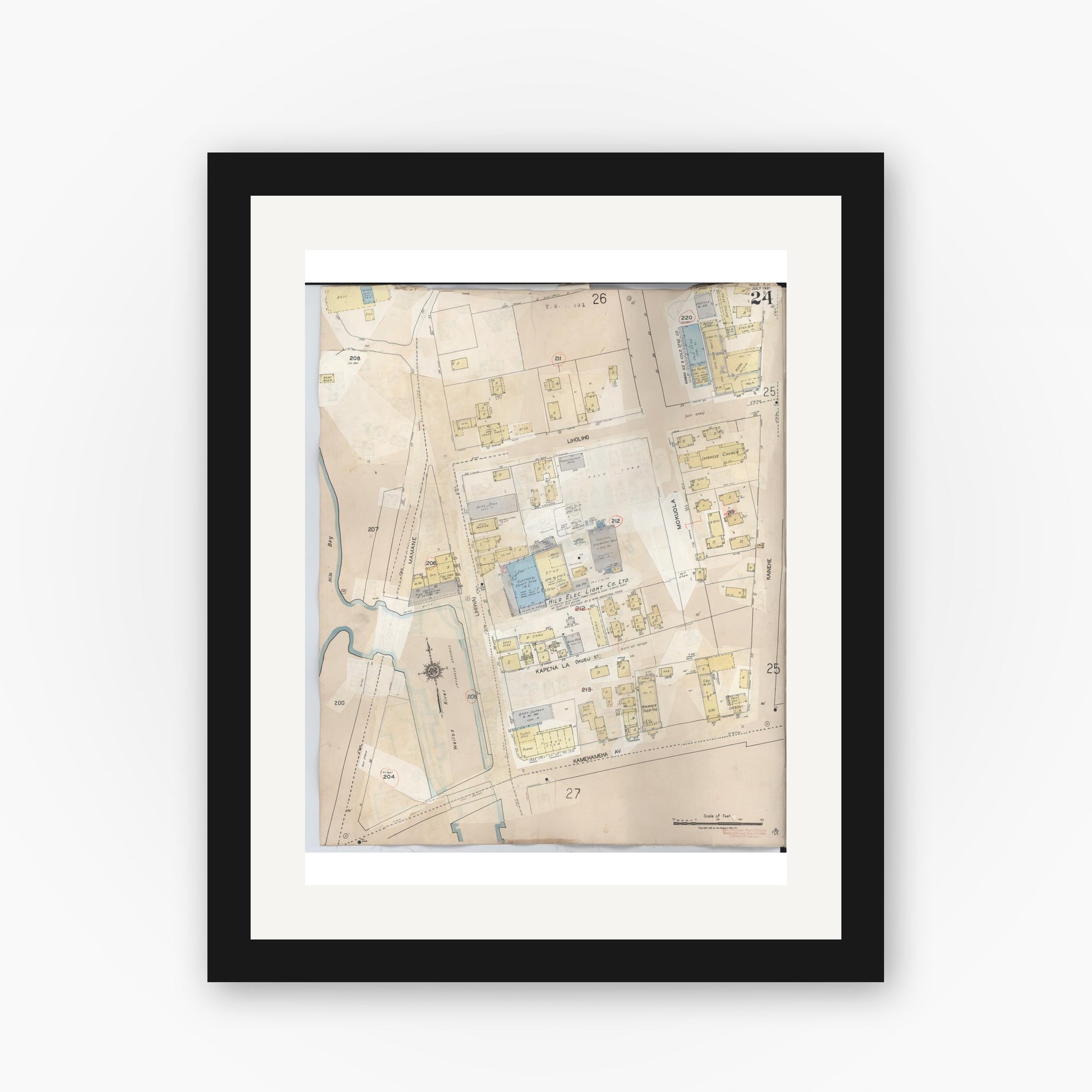 Old map wall art mockup — black gallery frame with white mat — Sanborn Fire Insurance Map from Hilo, Hawaii County, Hawaii (1957), Sheet #0024