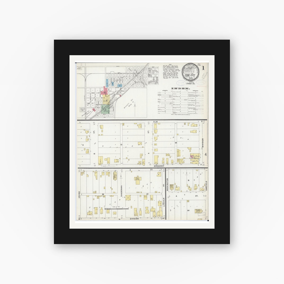 Old map wall art mockup — black gallery frame with white mat — Sanborn Fire Insurance Map from Coal City, Grundy County, Illinois (1898) - Complete Map Set