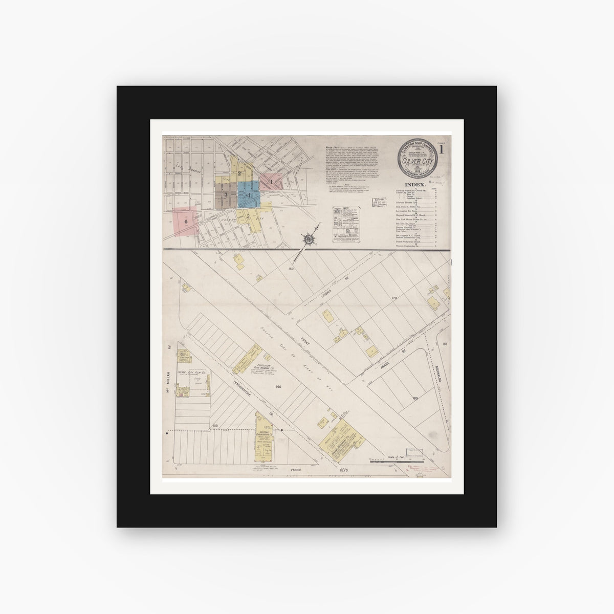 Old map wall art mockup — black gallery frame with white mat — Sanborn Fire Insurance Map from Culver City, Los Angeles County, California (1919), Sheet #0001