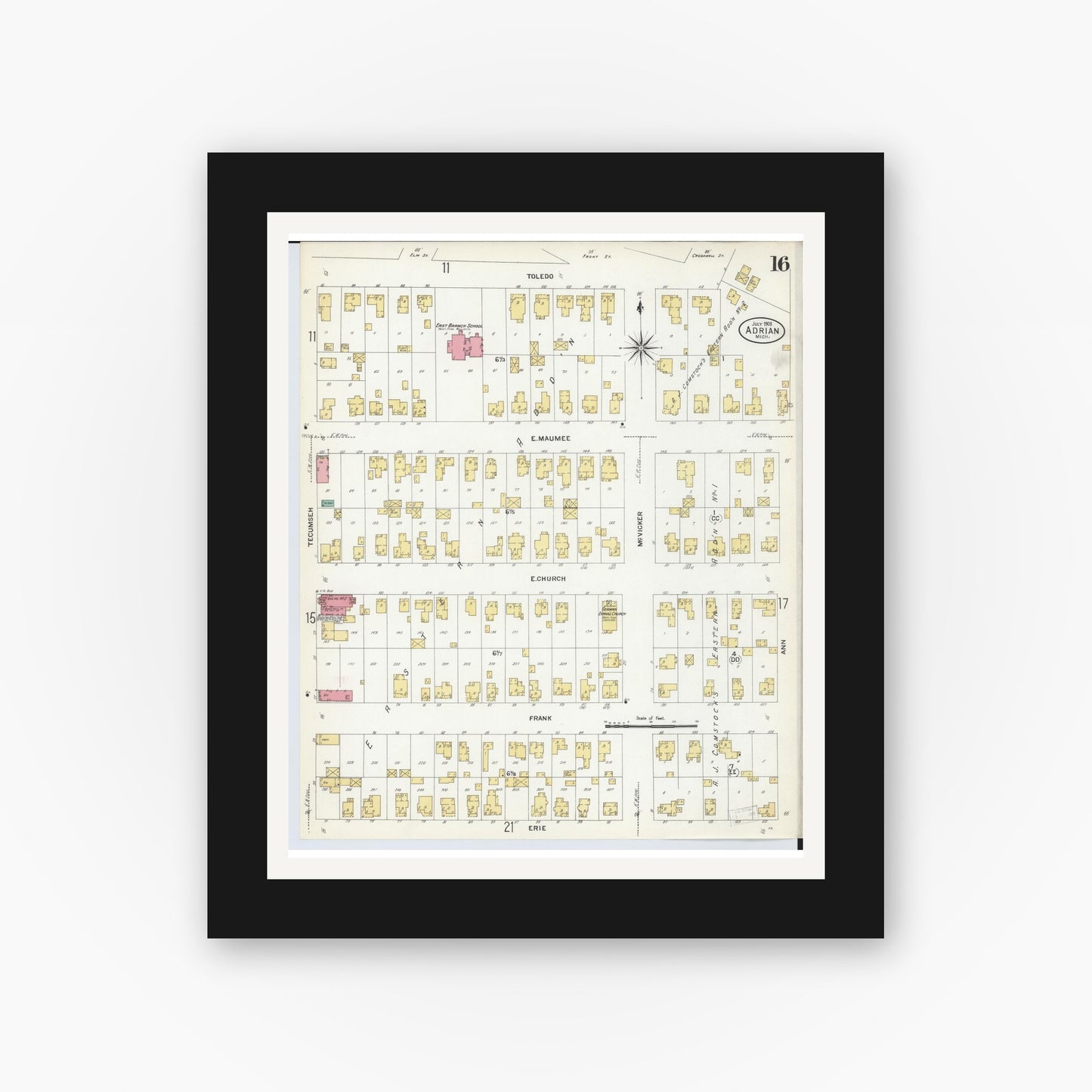 Old map wall art mockup — black gallery frame with white mat — Sanborn Fire Insurance Map from Adrian, Lenawee County, Michigan (1908), Sheet #0016