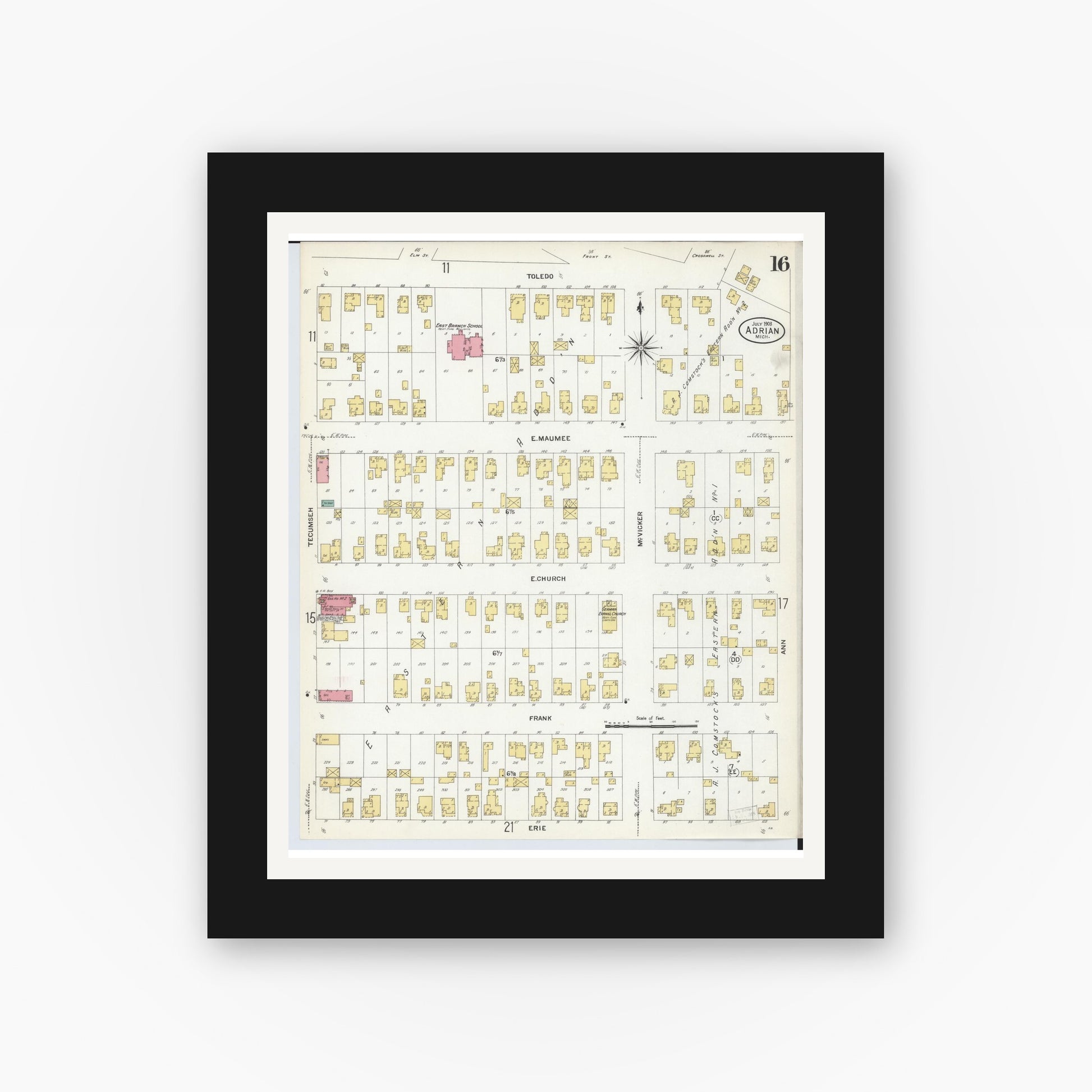 Old map wall art mockup — black gallery frame with white mat — Sanborn Fire Insurance Map from Adrian, Lenawee County, Michigan (1908), Sheet #0016