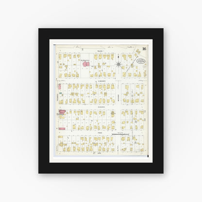 Old map wall art mockup — black gallery frame with white mat — Sanborn Fire Insurance Map from Adrian, Lenawee County, Michigan (1908), Sheet #0016