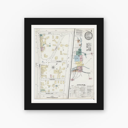 Old map wall art mockup — black gallery frame with white mat — Sanborn Fire Insurance Map from Ellenville, Ulster County, New York (1889), Sheet #0001