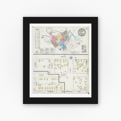 Old map wall art mockup — black gallery frame with white mat — Sanborn Fire Insurance Map from Albert Lea, Freeborn County, Minnesota (1891) - Complete Map Set
