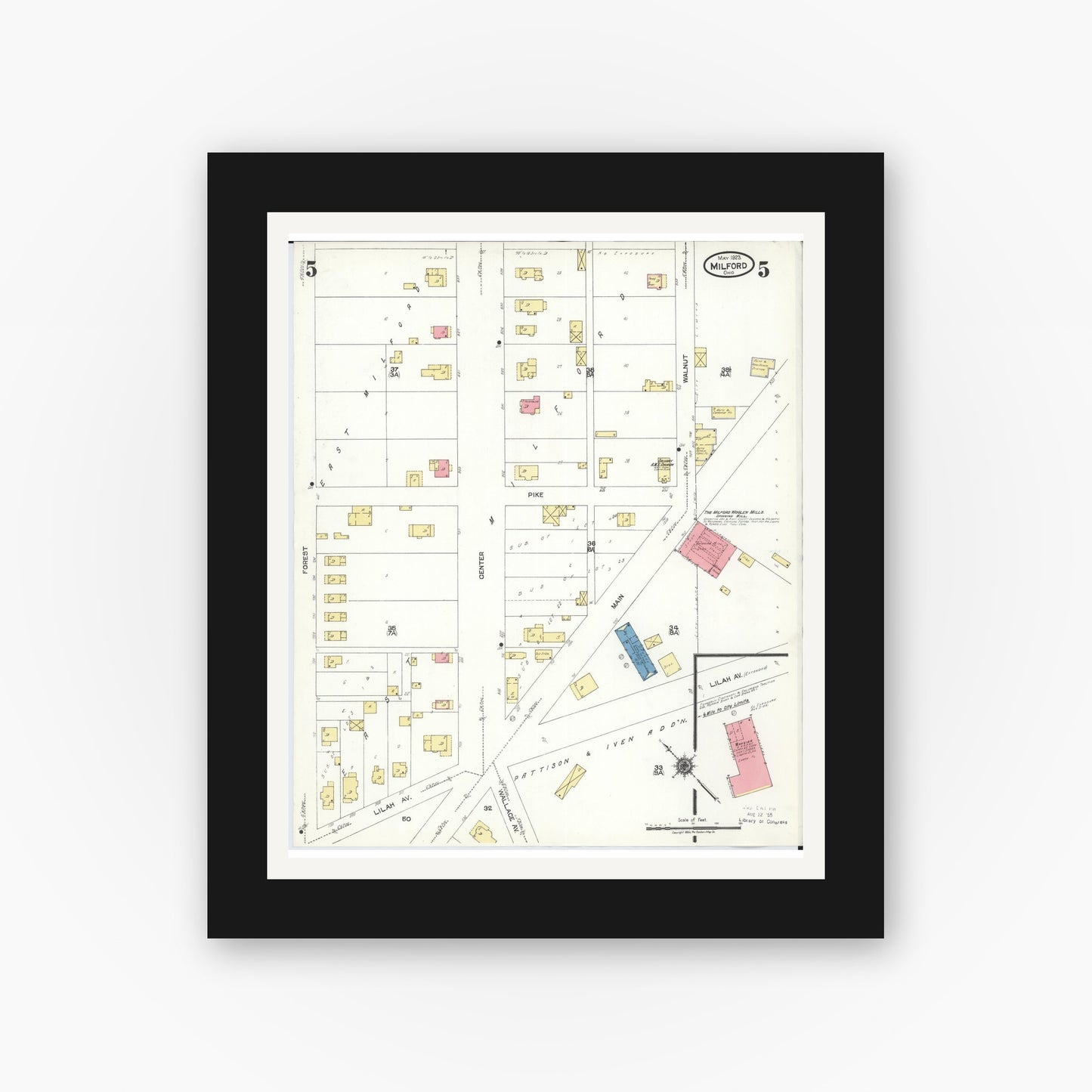 Old map wall art mockup — black gallery frame with white mat — Sanborn Fire Insurance Map from Milford, Clermont And Hamilton County, Ohio (1925), Sheet #0005