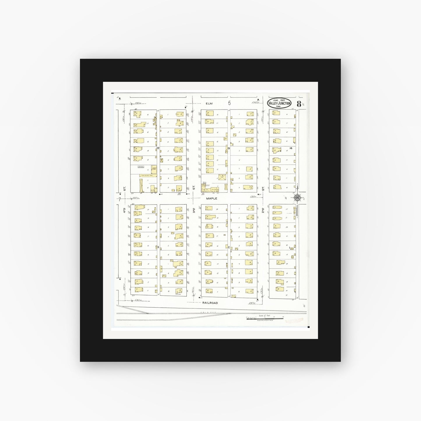 Old map wall art mockup — black gallery frame with white mat — Sanborn Fire Insurance Map from Valley Junction, Polk County, Iowa (1920), Sheet #0008