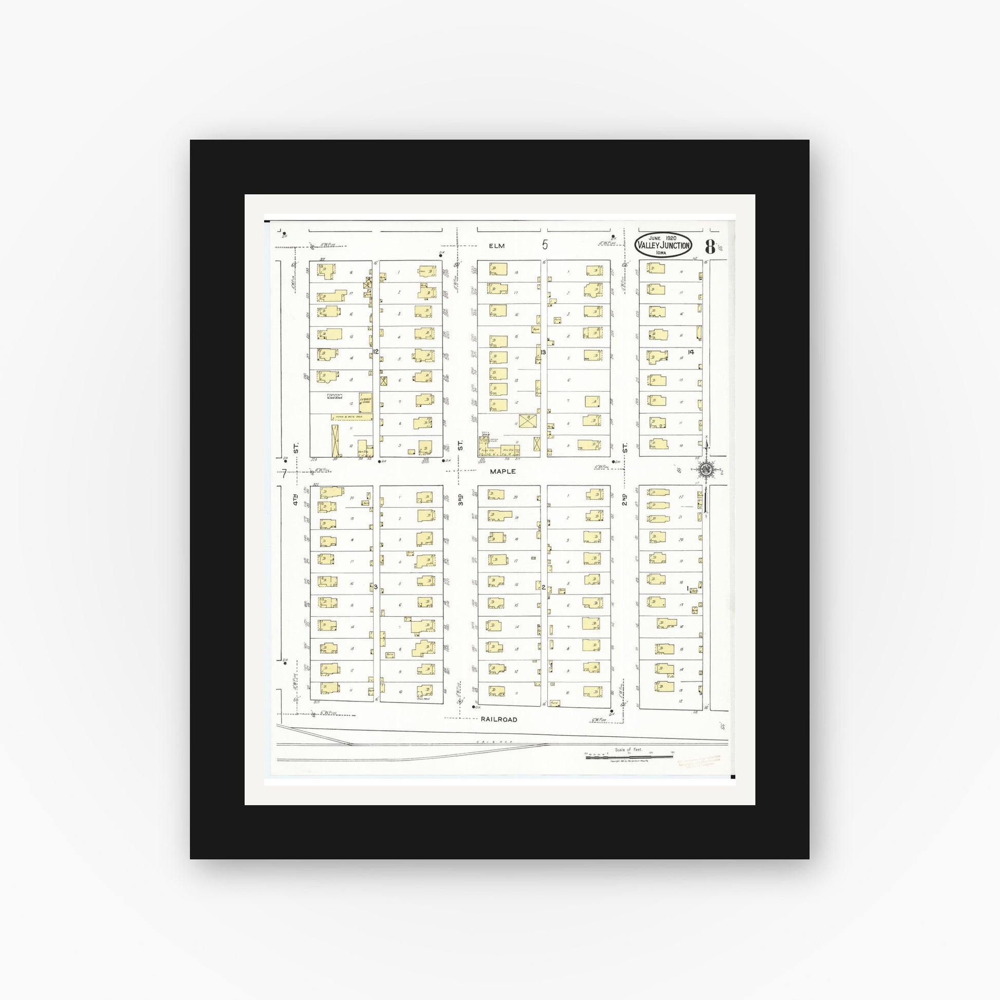 Old map wall art mockup — black gallery frame with white mat — Sanborn Fire Insurance Map from Valley Junction, Polk County, Iowa (1920), Sheet #0008