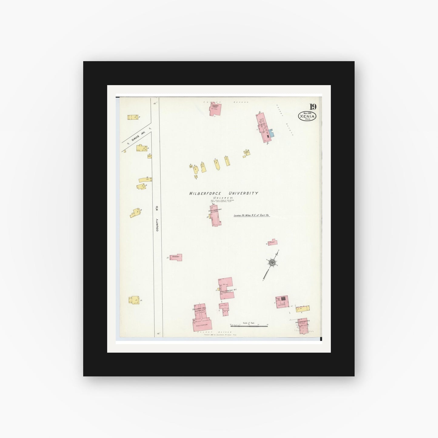 Old map wall art mockup — black gallery frame with white mat — Sanborn Fire Insurance Map from Xenia, Greene County, Ohio (1910), Sheet #0019