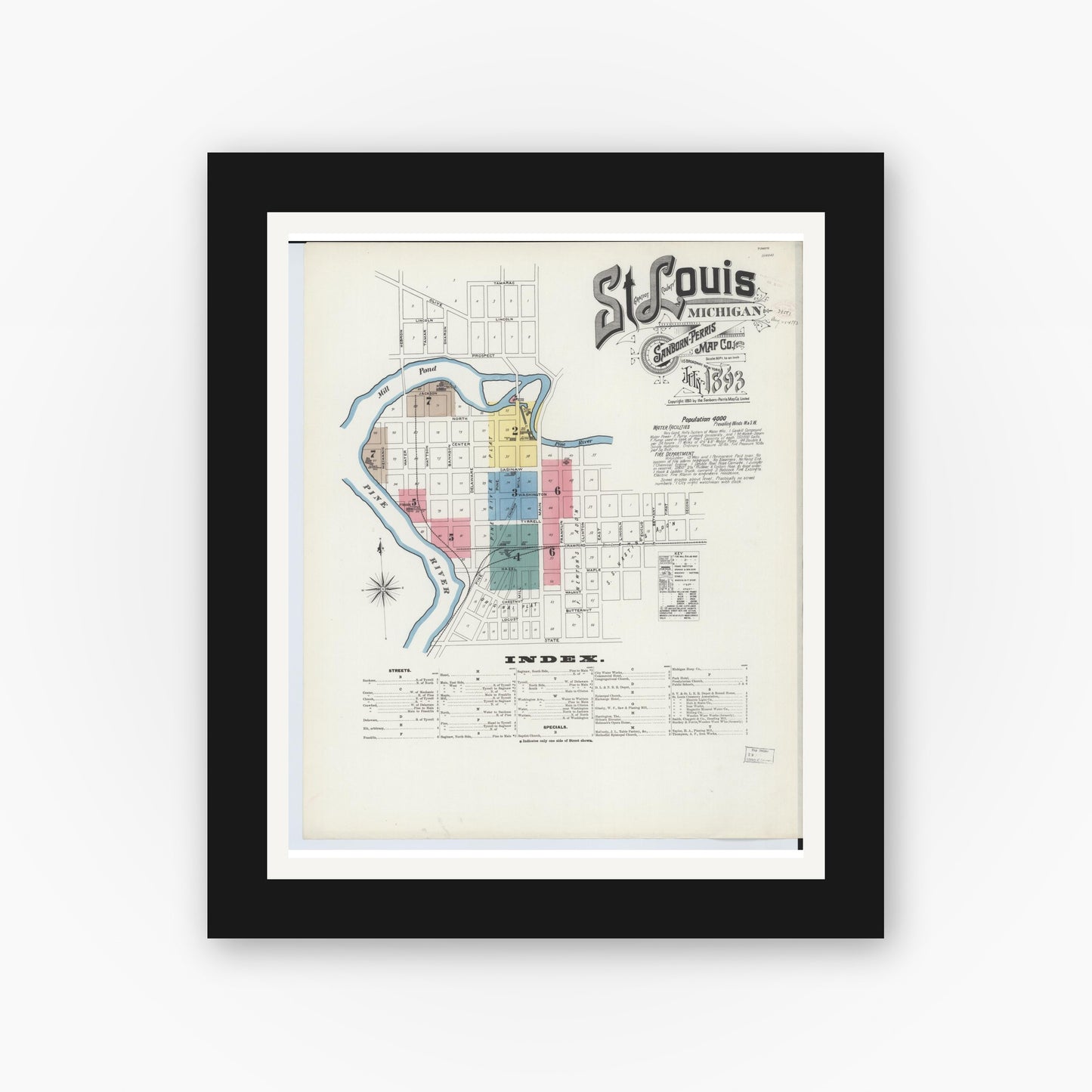 Old map wall art mockup — black gallery frame with white mat — Sanborn Fire Insurance Map from Saint Louis, Gratiot County, Michigan (1893), Sheet #0001