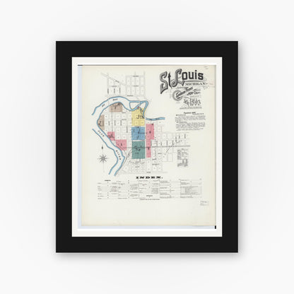 Old map wall art mockup — black gallery frame with white mat — Sanborn Fire Insurance Map from Saint Louis, Gratiot County, Michigan (1893), Sheet #0001
