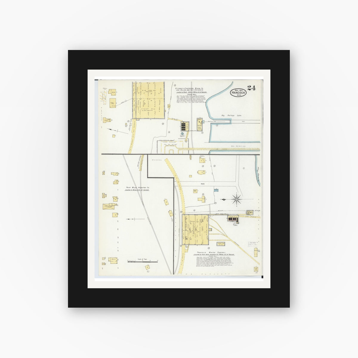 Old map wall art mockup — black gallery frame with white mat — Sanborn Fire Insurance Map from Hancock, Houghton County, Michigan (1907), Sheet #0024